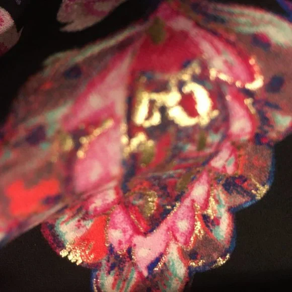 BonWorth Women's Gold Button Front Blingy Floral Tunic V-neck 3/4 Sleeves - Picture 7 of 11